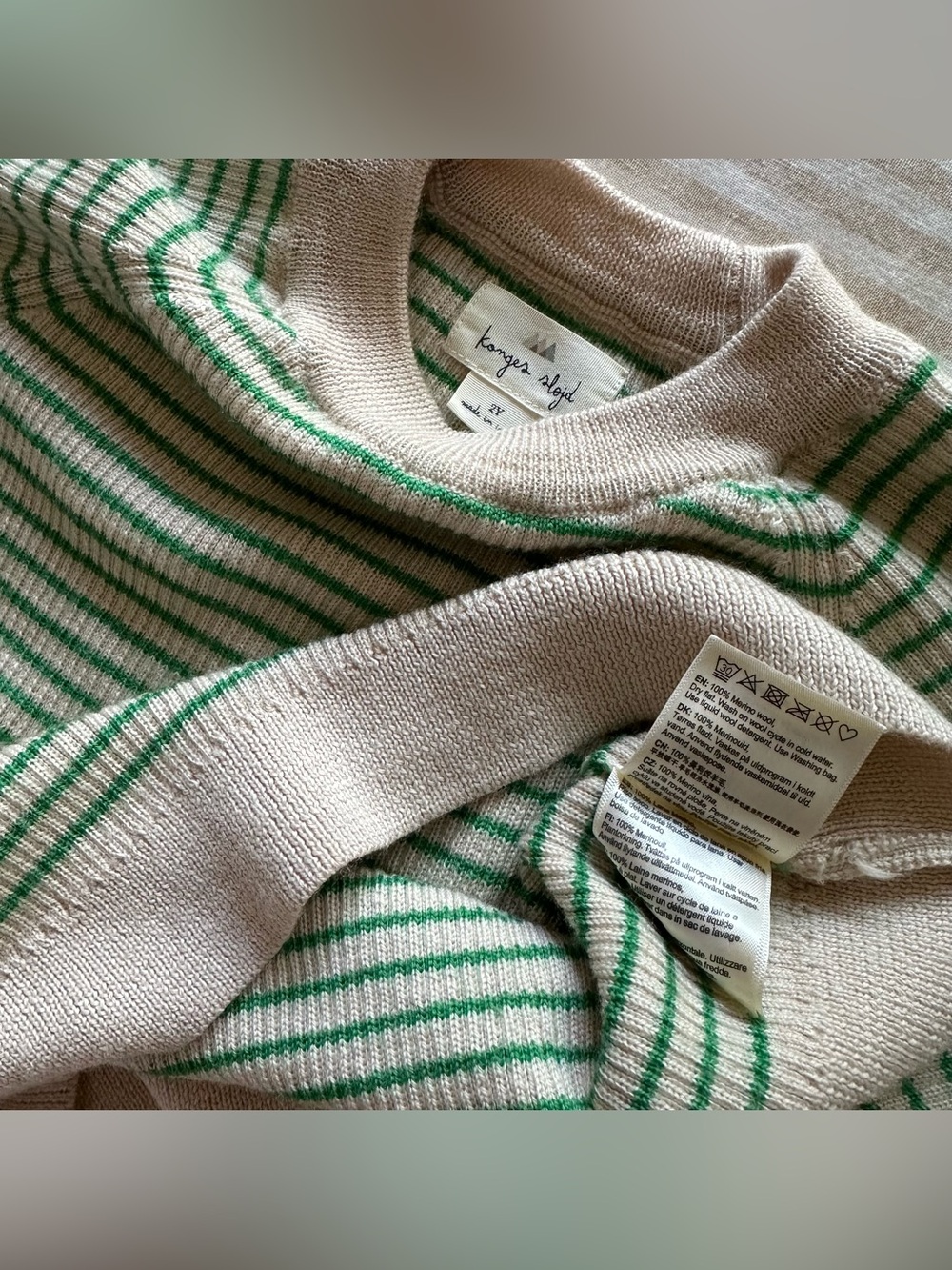 konges slojd green & tan striped 100% merino wool sweater / size 2t - Picture 3 of 4